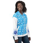 Woman wearing all-over-print-unisex-bomber-jacket-white-right