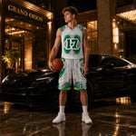 Personalized Green Marble Basketball Jersey & Shorts - Flat Lay Detail | Our Phoenix Rise
