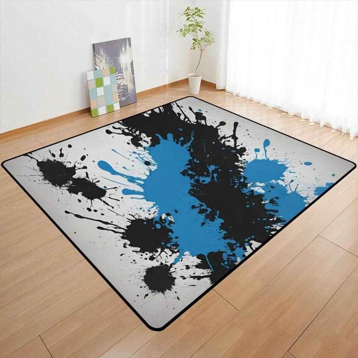 Blue Black Paint Splatter Area Rug Modern Abstract Design
