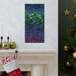 Geometric abstract art piece on a wall above a fireplace with Christmas decorations.