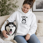 Funny Husky Dog Hoodie - Model Smiling in White Dog Lover Apparel | Our Phoenix Rise