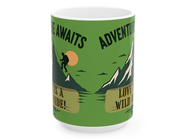Green mug with outdoor design and text on a white background