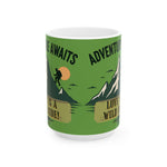 Green mug with outdoor design and text on a white background