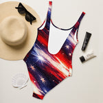 Americana Flag One Piece Swimsuit - Back view flat lay with straw hat and sunscreen | Our Phoenix Rise