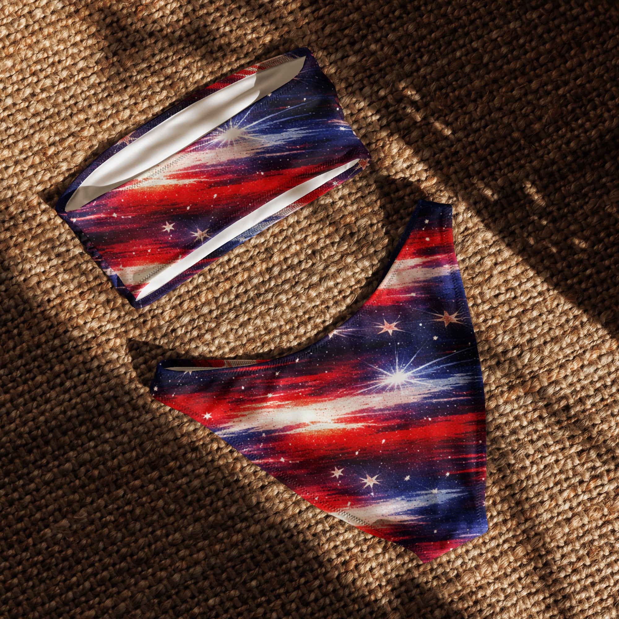 Americana Print Bandeau Bikini - woman wearing red white blue swimsuit back profile | Our Phoenix Rise