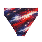 Patriotic American Flag High Waisted Bikini Bottom - Model Standing Back View Red White Blue | Our Phoenix Rise