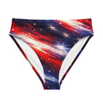 Patriotic American Flag High Waisted Bikini Bottom - Model Posed Front View Red White Blue | Our Phoenix Rise