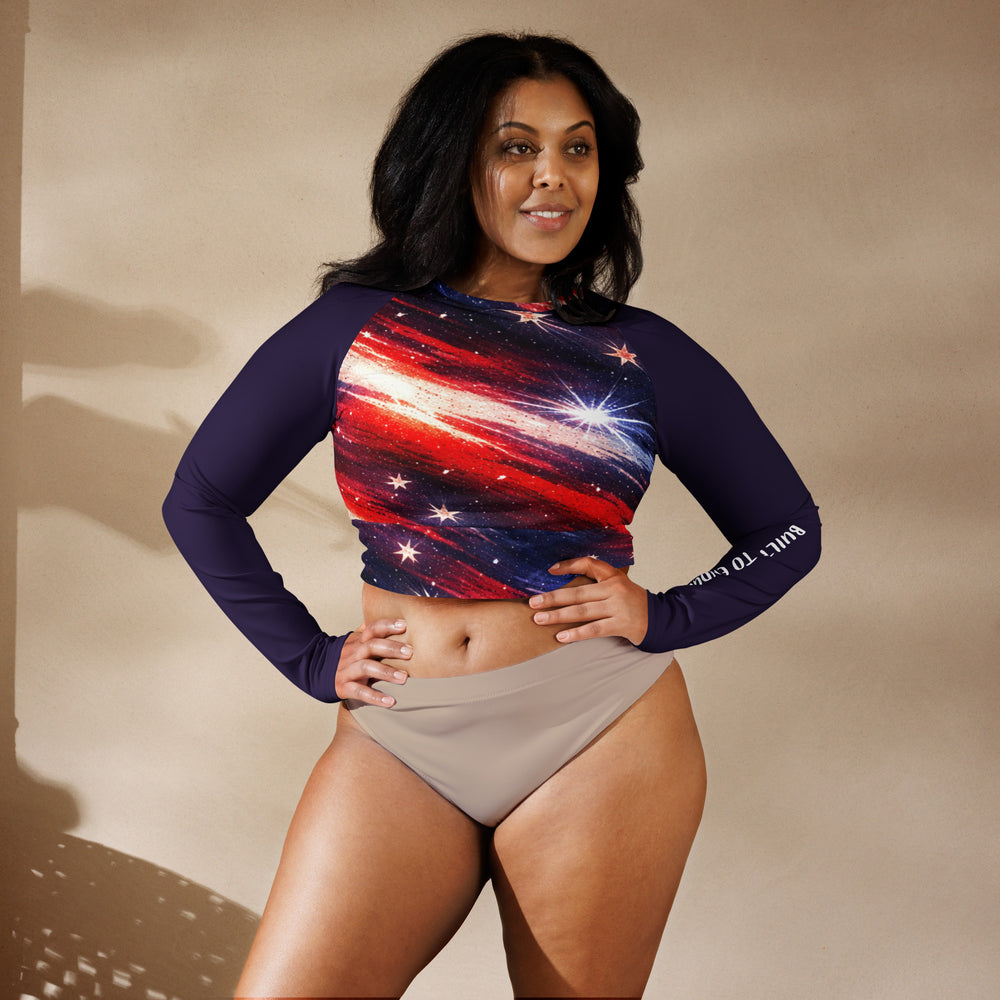 Patriotic Galaxy Recycled Long Sleeve Crop Top Navy Blue/Red/White