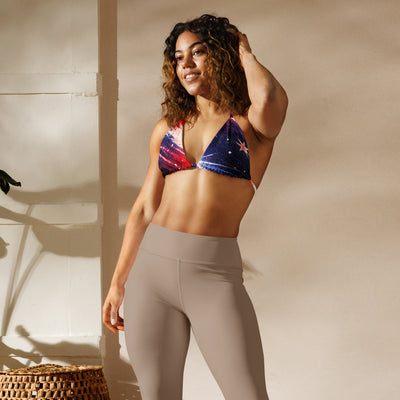 Patriotic Star Recycled String Bikini Top - Front view on model with light leggings | Our Phoenix Rise
