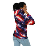 Americana Galaxy Unisex Zip Hoodie - Woman side profile, showcasing design | Our Phoenix Rise