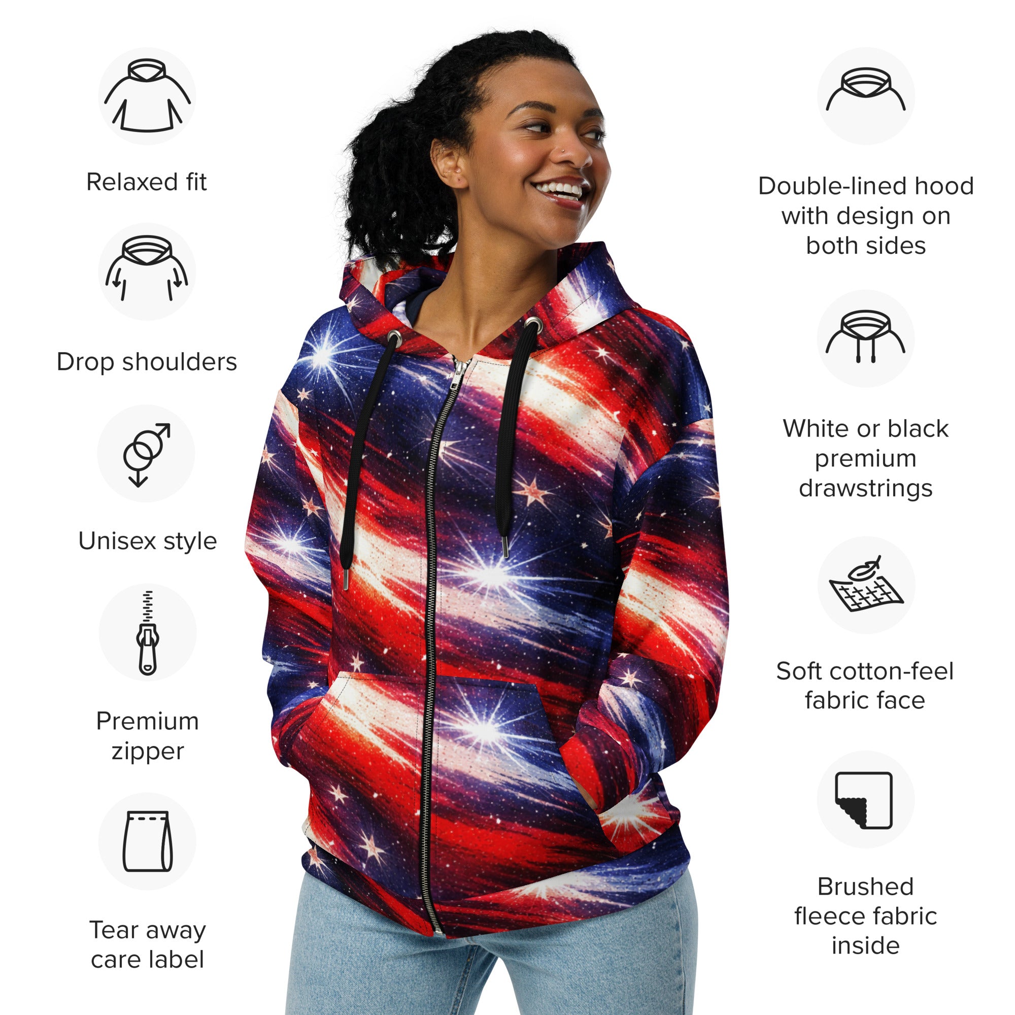 Americana Galaxy Unisex Zip Hoodie - Woman smiling, front view showcasing features | Our Phoenix Rise
