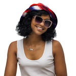 Patriotic Reversible Bucket Hat - Smiling woman wearing sunglasses, front view | Our Phoenix Rise