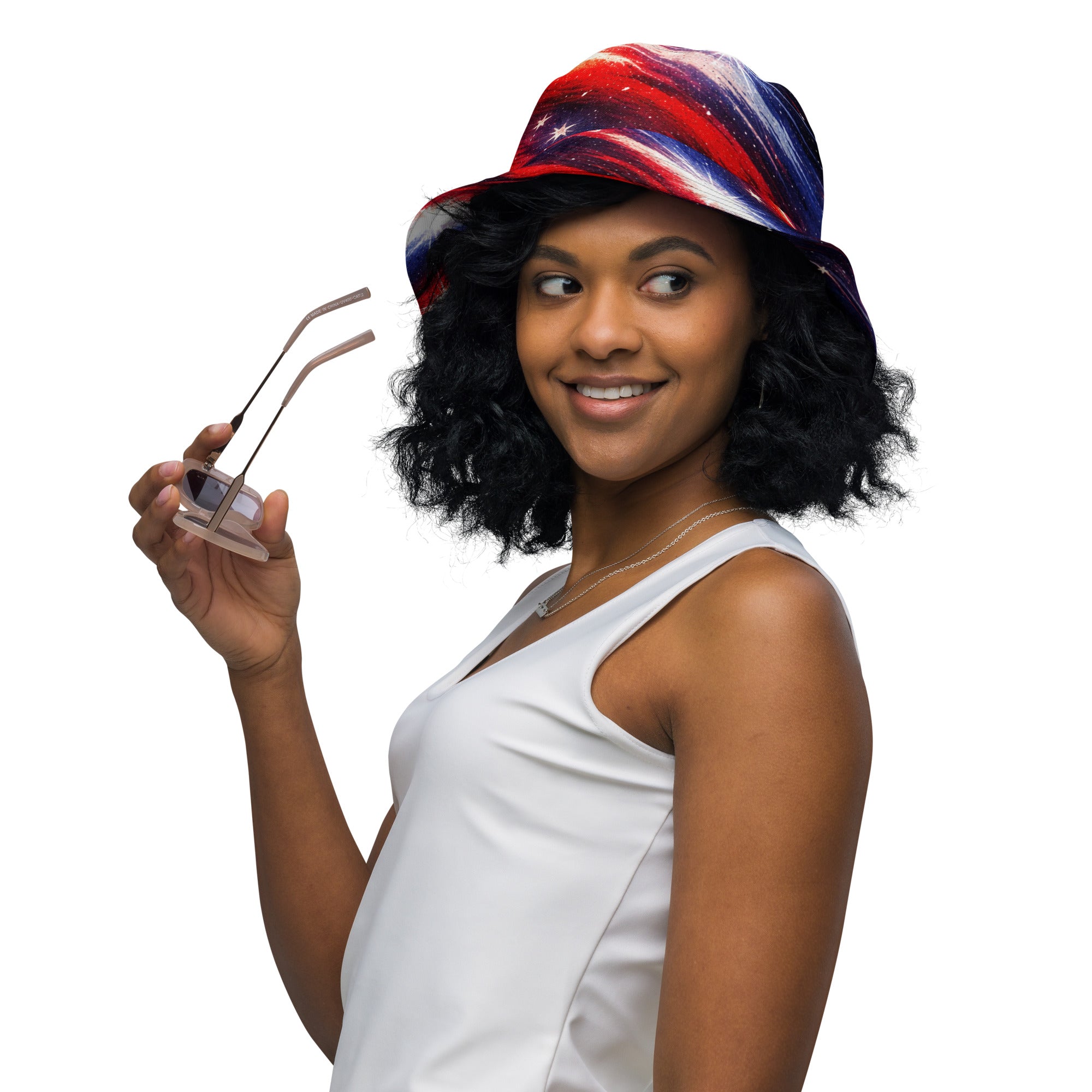 Patriotic Reversible Bucket Hat - Woman with sunglasses, side view | Our Phoenix Rise