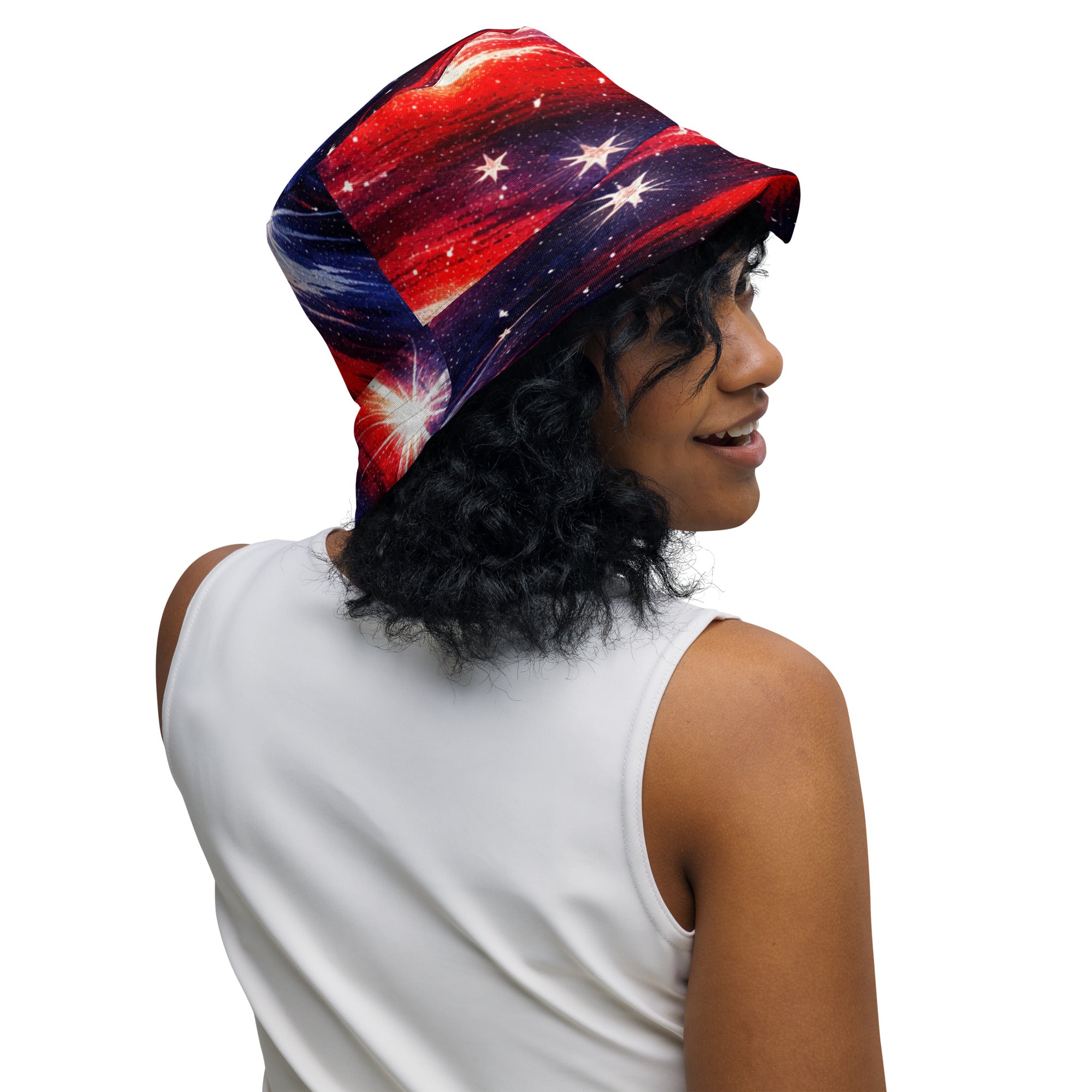 Patriotic Reversible Bucket Hat - Red white blue design, left front inside | Our Phoenix Rise