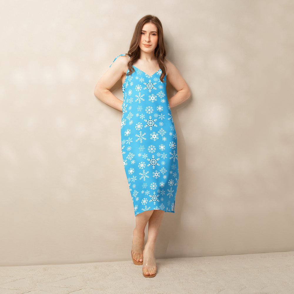 Light Blue Snowflake Midi Slip Dress – Elegant Chiffon Comfort