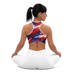 Americana Stars & Stripes Sports Bra - Woman Meditating Back View White Leggings | Our Phoenix Rise
