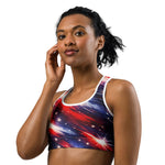 Americana Stars & Stripes Sports Bra - Front View Mockup | Our Phoenix Rise