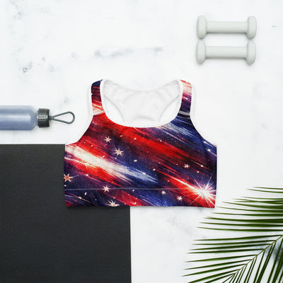 Americana Stars & Stripes Sports Bra - Red White Blue Front View with Workout Gear | Our Phoenix Rise