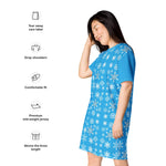 Blue Snowflake T-Shirt Dress - Side view, flat lay product shot | Our Phoenix Rise