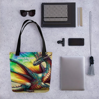 Dragon Magic Design Tote Bag - flat lay with accessories | Our Phoenix Rise