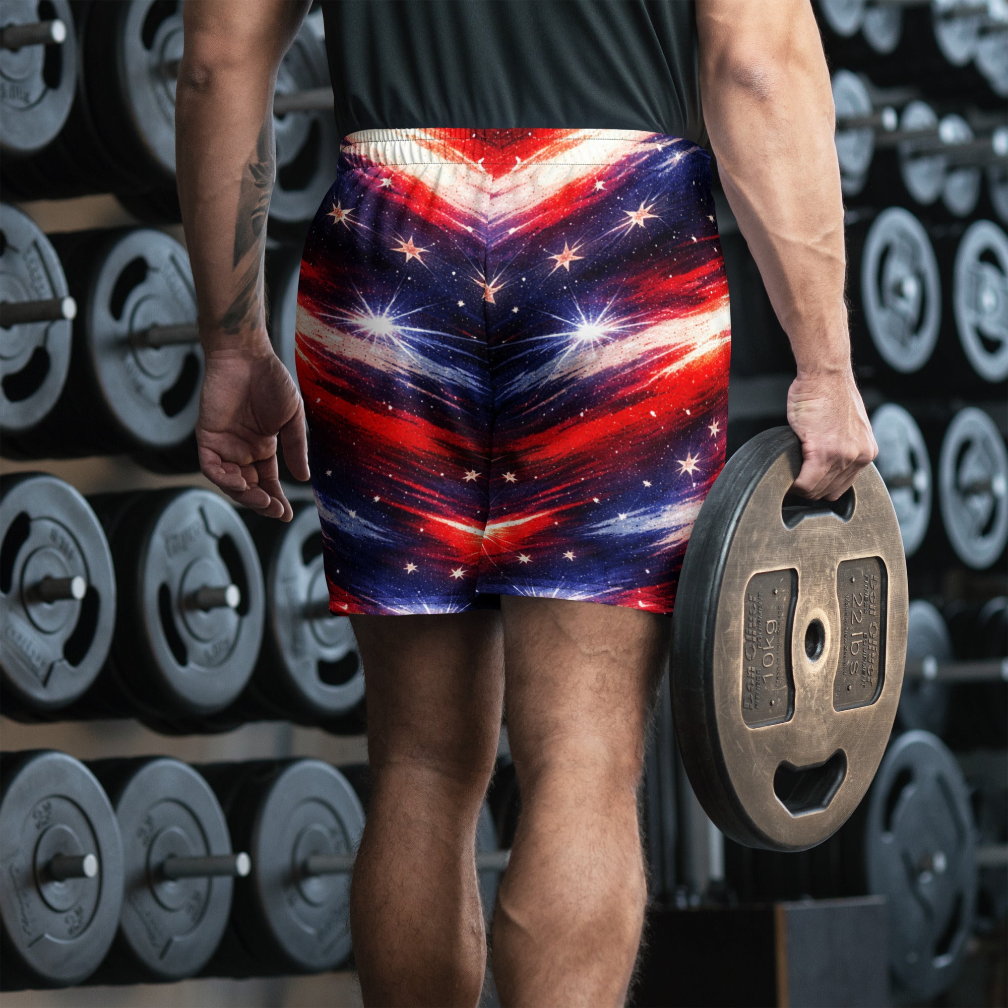 Americana Patriotic Athletic Long Shorts - Man from back view lifting weights | Our Phoenix Rise