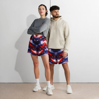 Americana Patriotic Athletic Long Shorts - Couple wearing red white blue shorts | Our Phoenix Rise