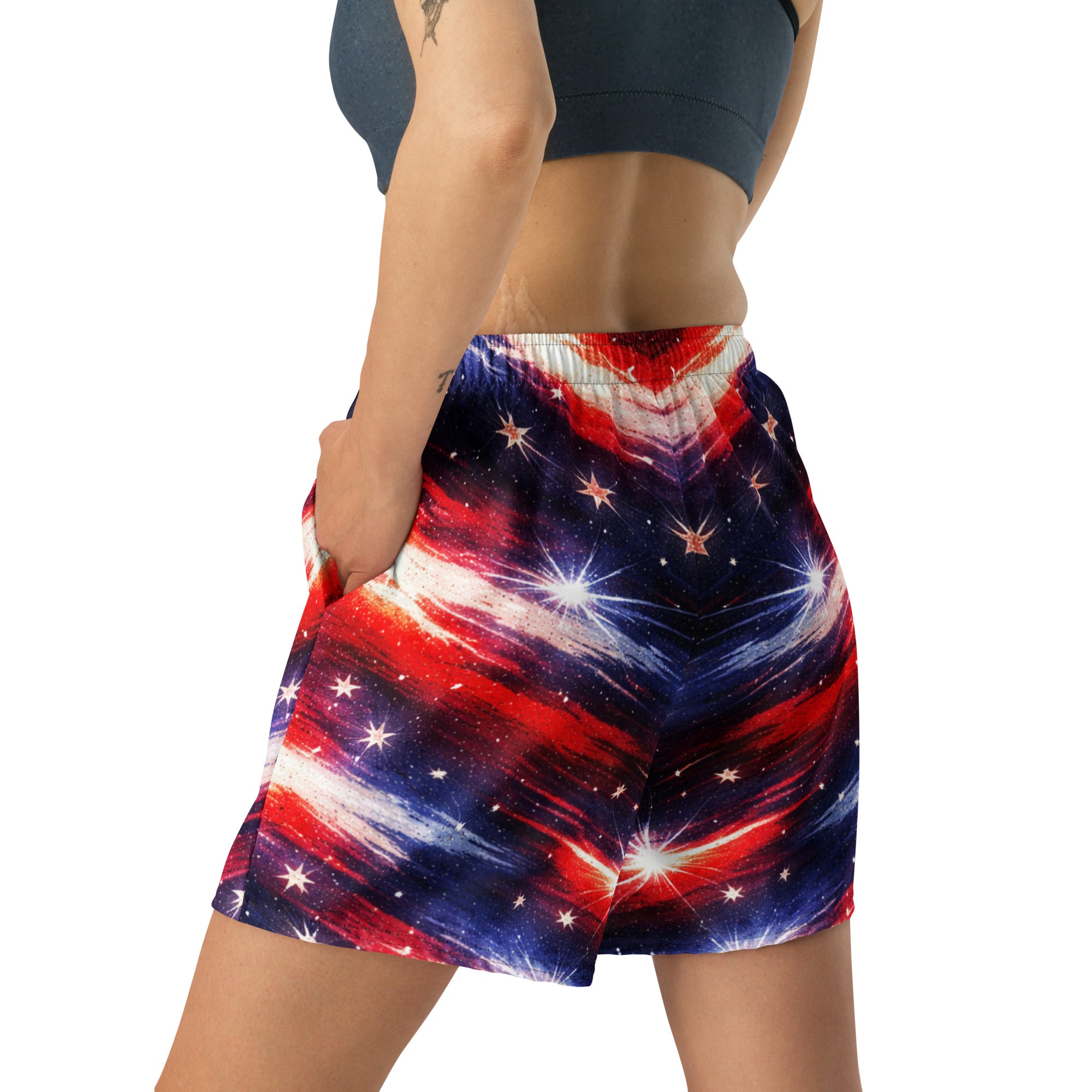 Americana Patriotic Athletic Long Shorts - Left back view | Our Phoenix Rise