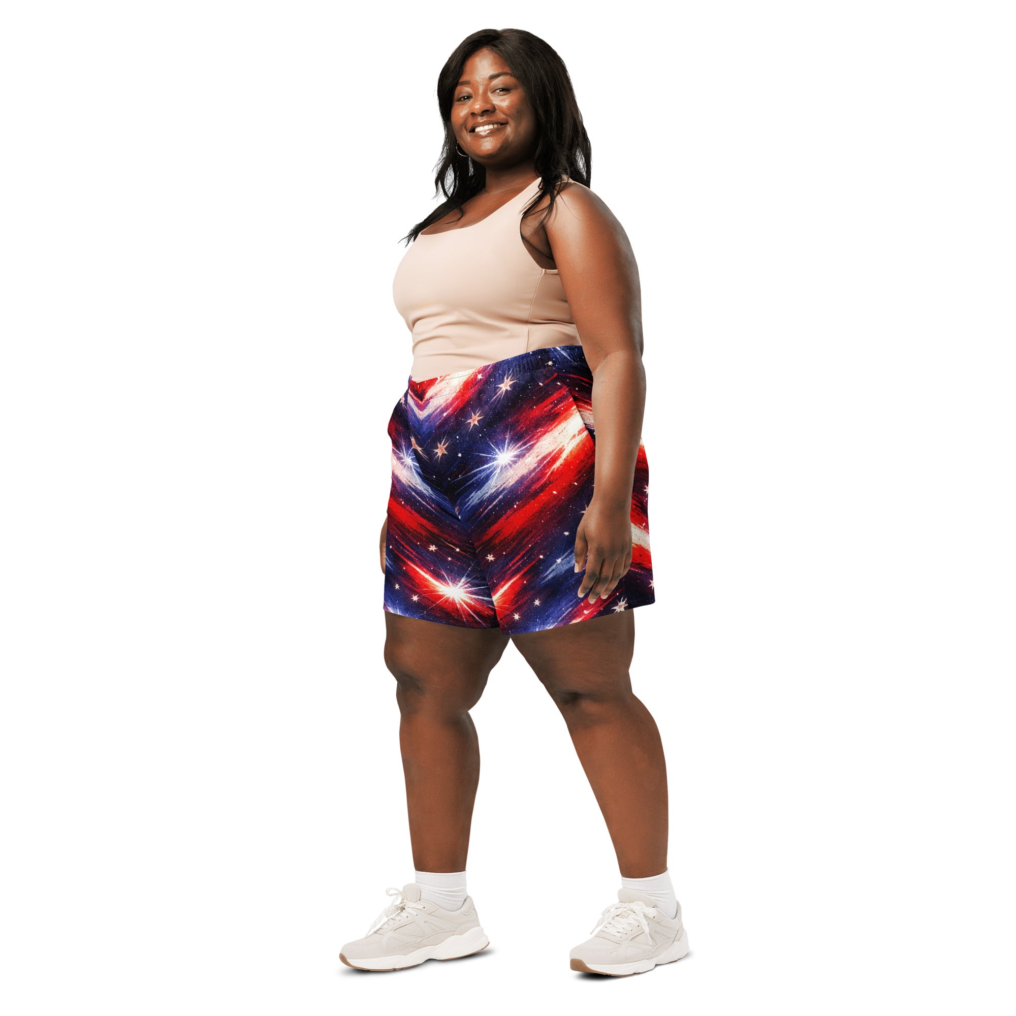 Americana Patriotic Athletic Long Shorts - Plus size woman smiling in red white blue shorts | Our Phoenix Rise