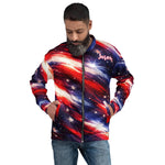 Patriotic Star Bomber Jacket - Front view of red white blue star print jacket display | Our Phoenix Rise