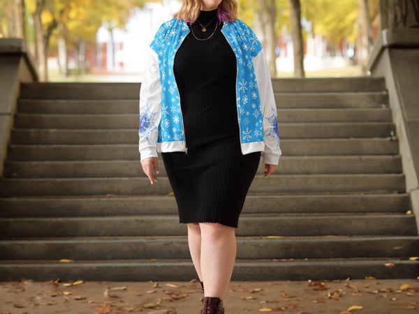 all-over-print-unisex-bomber-jacket-white-front- woman