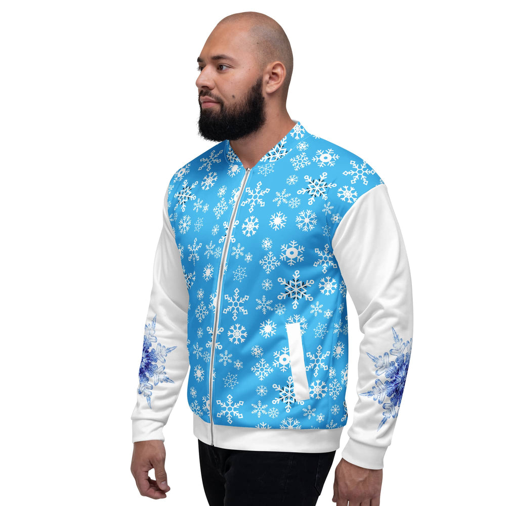 Light Blue Snowflake Bomber Jacket | Brushed Fleece Unisex Coat XS-3XL
