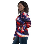 Patriotic Star Bomber Jacket - Woman wearing red white blue bomber jacket with hand in pocket | Our Phoenix Rise
