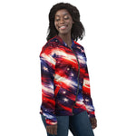 Patriotic Star Bomber Jacket - Woman wearing red white blue bomber jacket side profile | Our Phoenix Rise