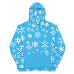 Blue Snowflake Winter Hoodie - Flat lay front view with hood up | Our Phoenix Rise