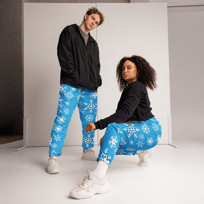 Unisex Snowflake Pattern Track Pants - Blue, Male and Female Models | Our Phoenix Rise