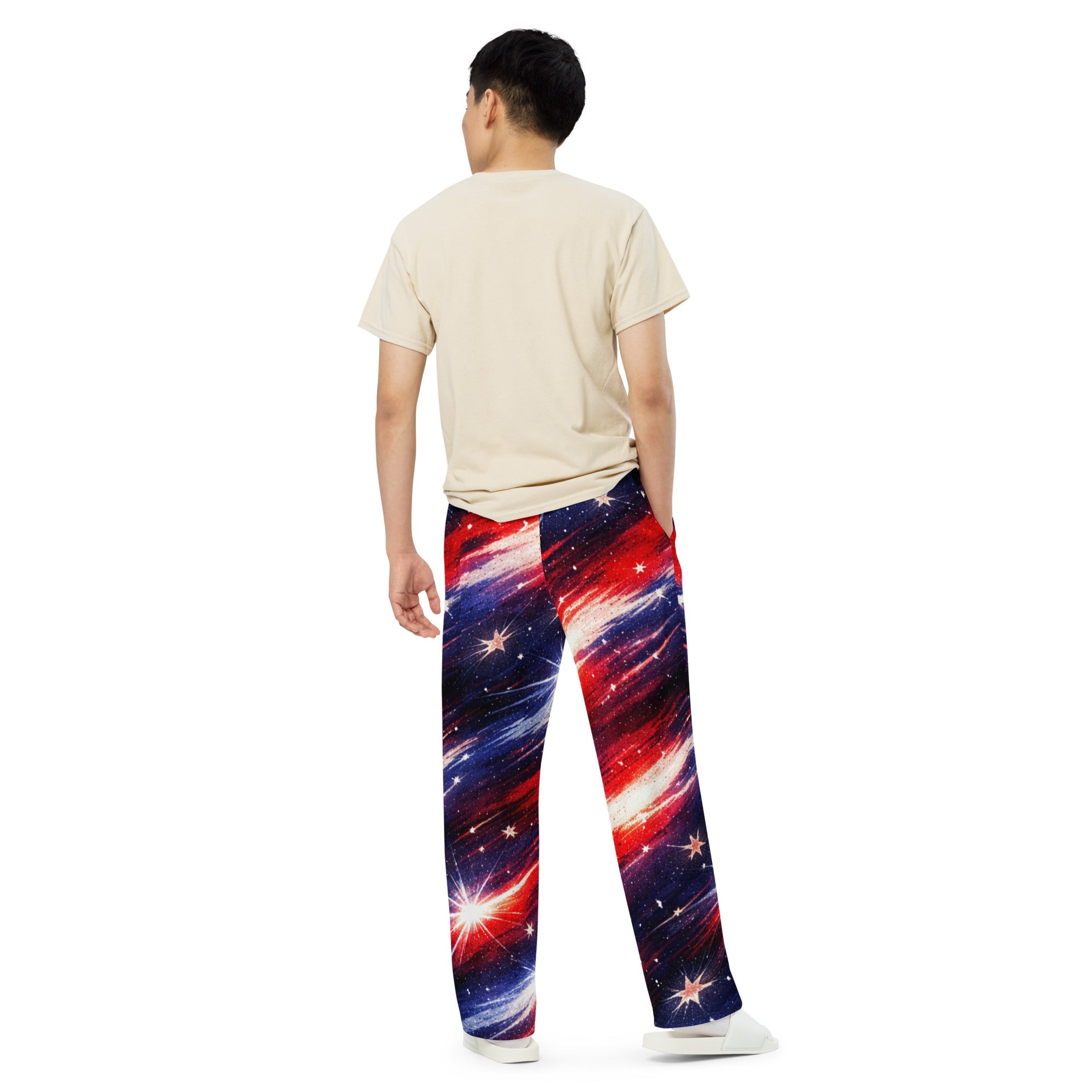 American Flag Galaxy Wide Leg Pants - Man Back View | Our Phoenix Rise
