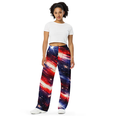 American Flag Galaxy Wide Leg Pants - Woman Front View | Our Phoenix Rise