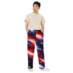 American Flag Galaxy Wide Leg Pants - Woman Front View Posing | Our Phoenix Rise