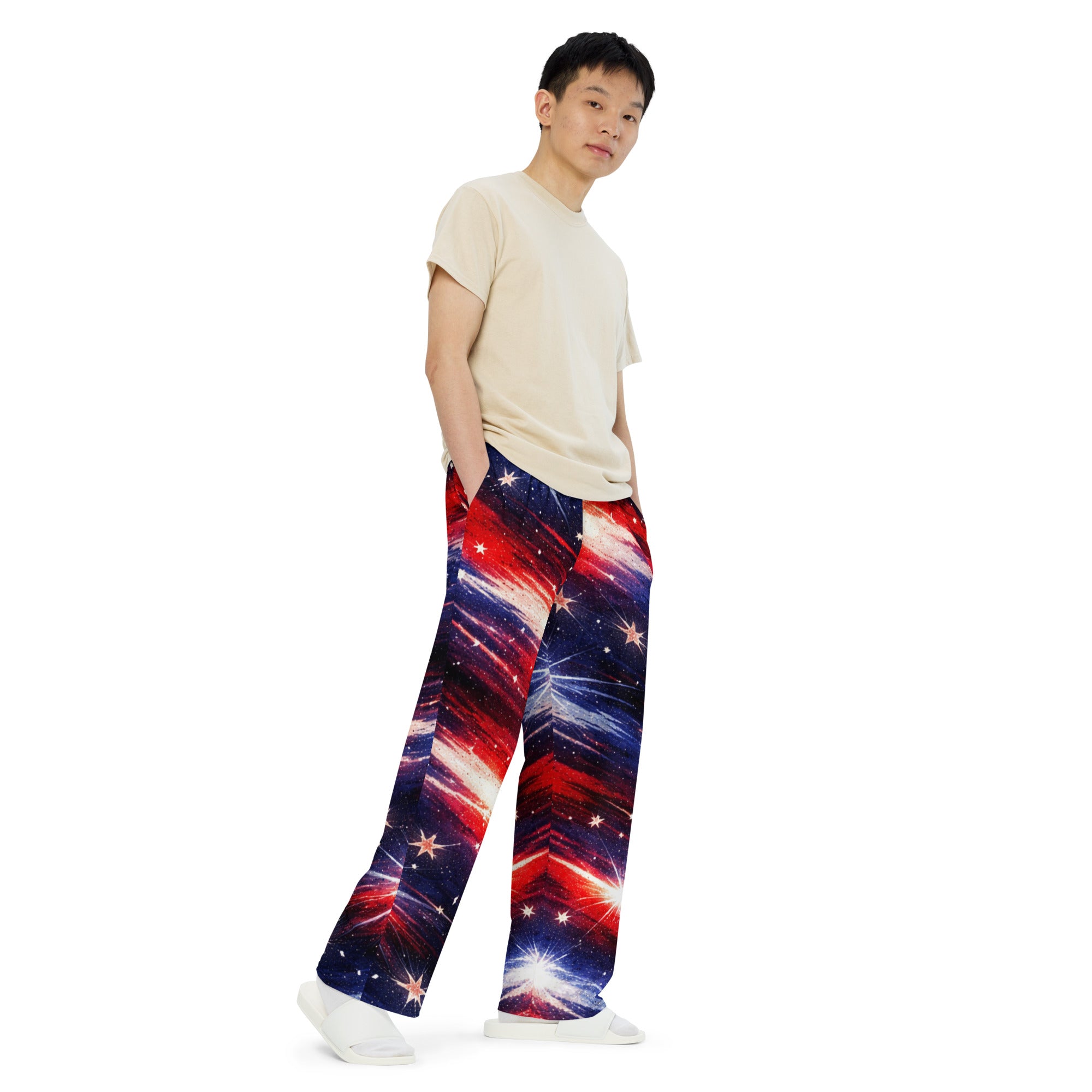 American Flag Galaxy Wide Leg Pants - Man Right Front View | Our Phoenix Rise
