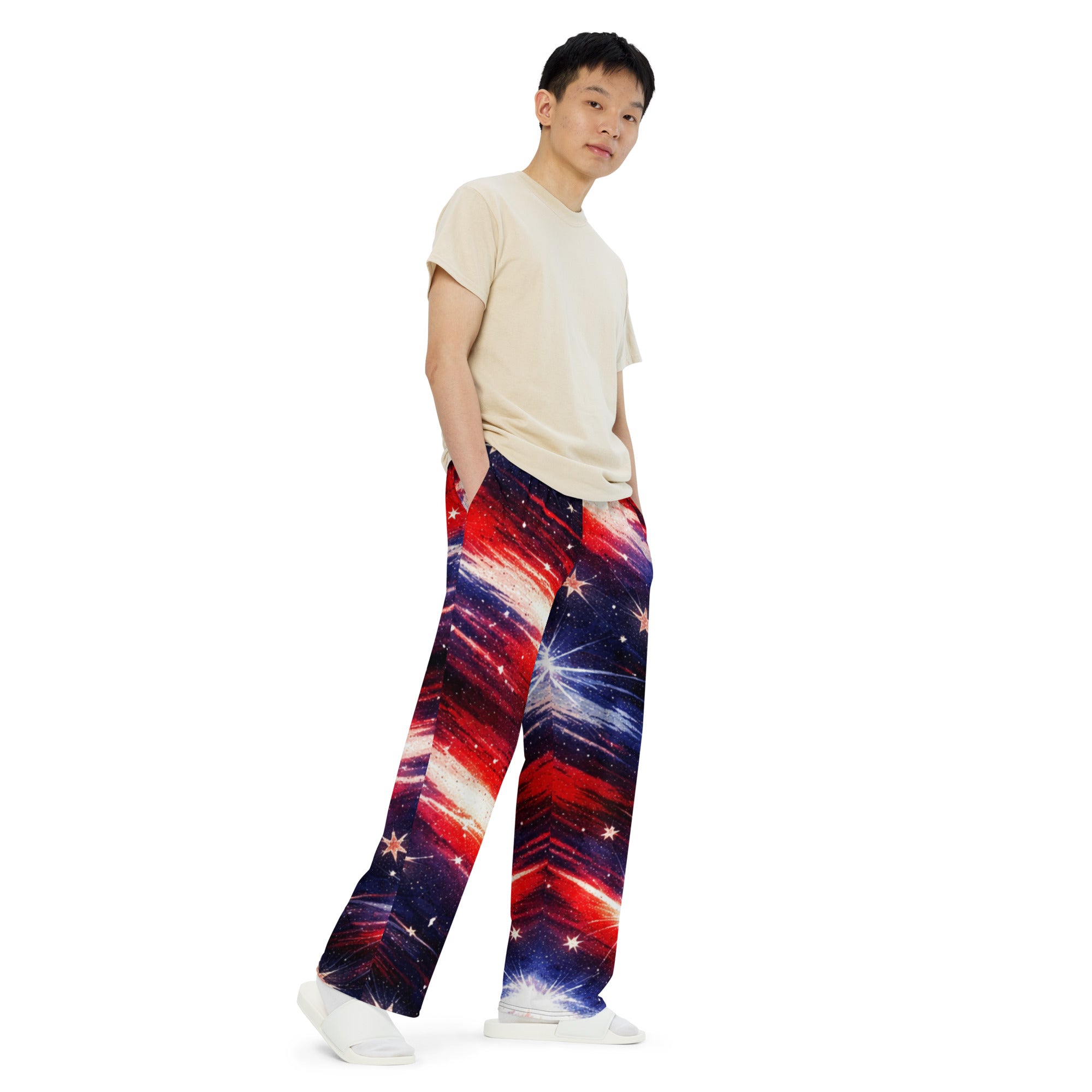 Americana Wide Leg Pants - Man in beige t-shirt, side profile | Our Phoenix Rise