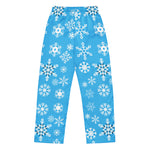 Blue pajama pants with white snowflake pattern on a white background