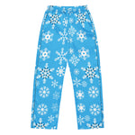 Blue pajama pants with white snowflake pattern on a white background