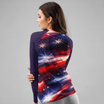 Red White Blue Star Patriotic Rash Guard Shirt - Back view with solid purple sleeves | Our Phoenix Rise
