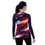 Red White Blue Star Patriotic Rash Guard Shirt - Back view active pose | Our Phoenix Rise