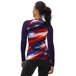 Red White Blue Star Patriotic Rash Guard Shirt - Back view full length shot | Our Phoenix Rise