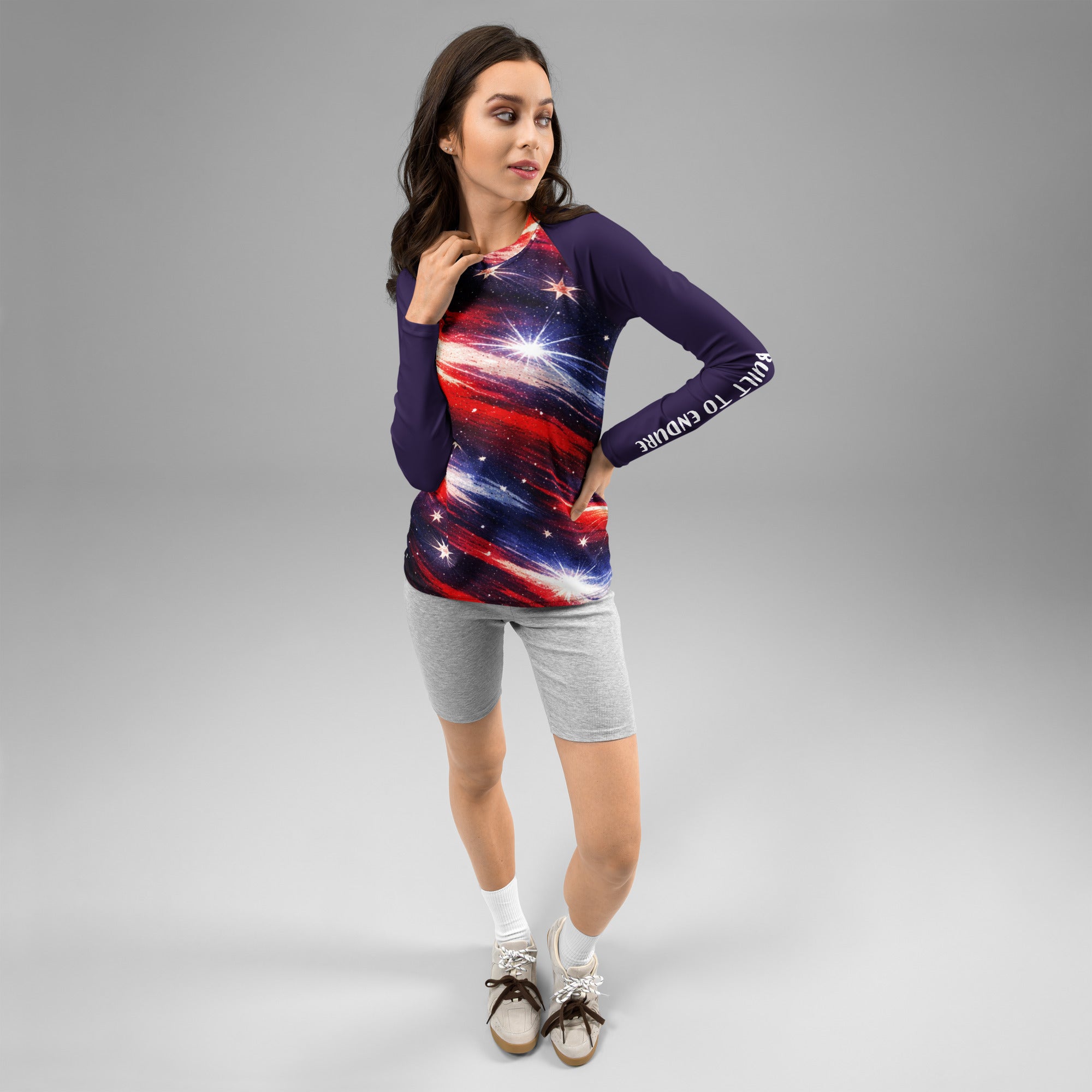 Red White Blue Star Patriotic Rash Guard Shirt - Front view smiling model | Our Phoenix Rise