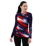 Red White Blue Star Patriotic Rash Guard Shirt - Front view active pose | Our Phoenix Rise