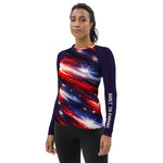 Red White Blue Star Patriotic Rash Guard Shirt - Left profile view with design | Our Phoenix Rise