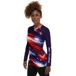 Red White Blue Star Patriotic Rash Guard Shirt - Side view detail of fabric and fit | Our Phoenix Rise