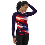 Red White Blue Star Patriotic Rash Guard Shirt - Right profile view with sleeve text | Our Phoenix Rise